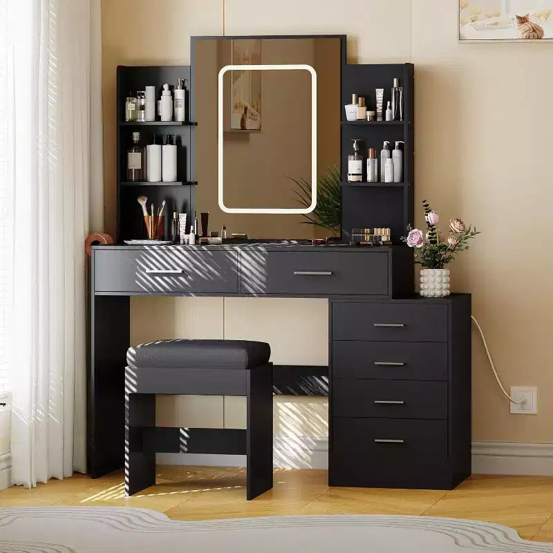Modern Vanity Desk, Makeup Vanity Set with 6 Drawers and Shelves, Vanity with Vanity with Stool for Bedroom