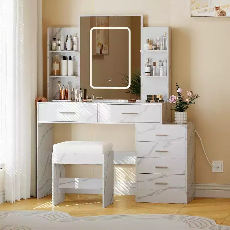 Coiffeuse moderne, Ensemble coiffeuse de maquillage avec 6 tiroirs et étagères, Coiffeuse avec tabouret pour chambre à coucher