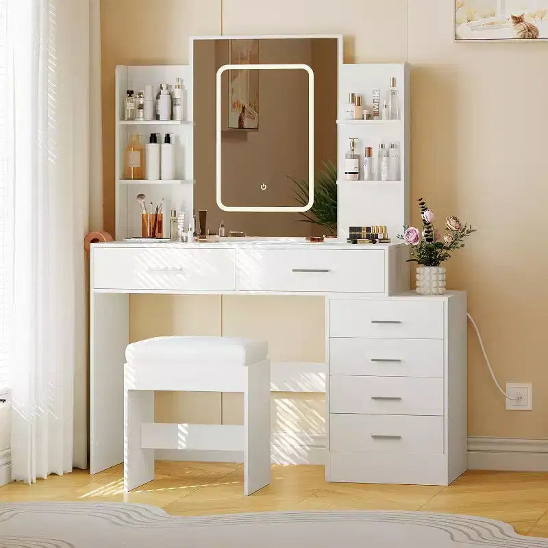 Coiffeuse moderne, Ensemble coiffeuse de maquillage avec 6 tiroirs et étagères, Coiffeuse avec tabouret pour chambre à coucher