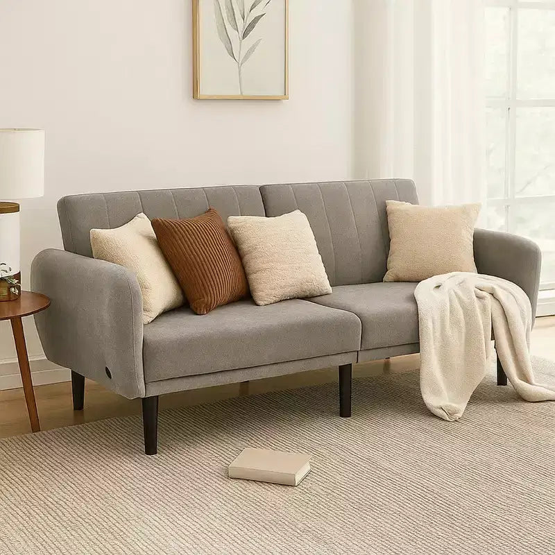 Royal Hampton Fold Out Futon Sofa Bed, Light Gray, Retro Channel Tufted Back