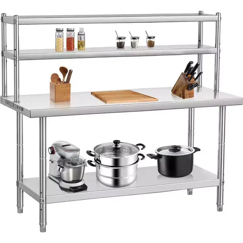Stainless Steel Table 48x24, Heavy Duty Metal Commercial Prep Table with Four Tiers of Storage with Hooks for Kitchen, Home, Hotel Food Prep