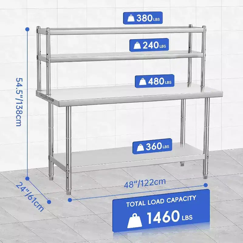 Table en Acier Inoxydable 122x61 cm, Table de Préparation Commerciale Robuste en Métal