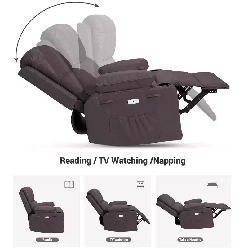 Fauteuil inclinable, pivotant et berçant surdimensionné avec chaleur et massage