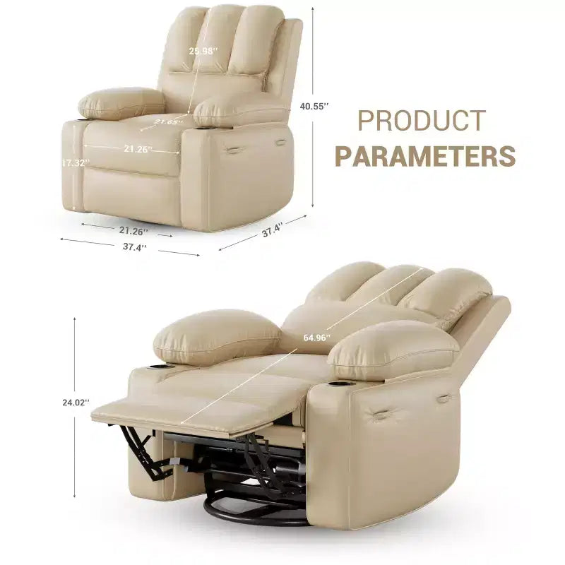 Fauteuil inclinable, pivotant et berçant surdimensionné avec chaleur et massage
