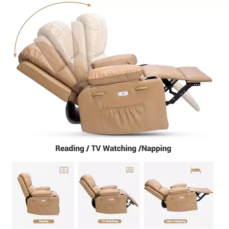 Fauteuil inclinable, pivotant et berçant surdimensionné avec chaleur et massage