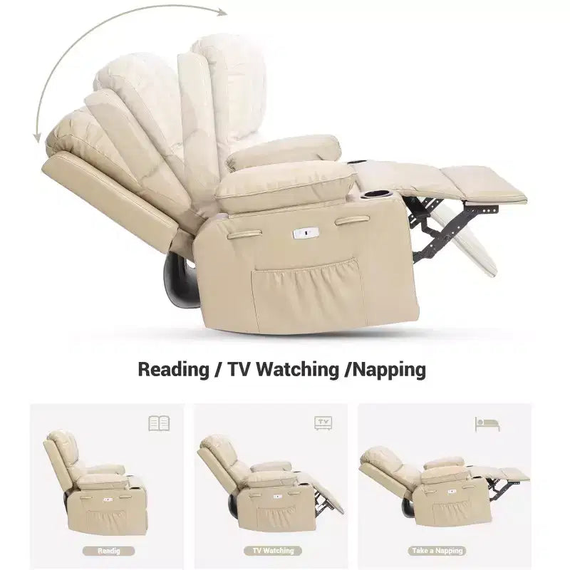 Fauteuil inclinable, pivotant et berçant surdimensionné avec chaleur et massage