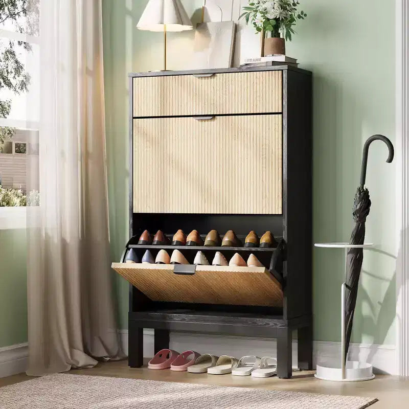 2 Flip Drawers,Freestanding Hidden Slim Narrow Shoe Rack for Entryway, Shoe Storage Cabinet 