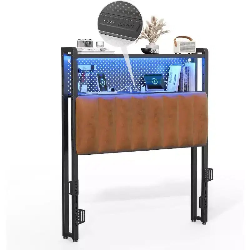 VINGLI eadboard, Adjustable Upholstered Headboard with 2 Tier Shelves and Pegboard with Charging Stations and LED Lights