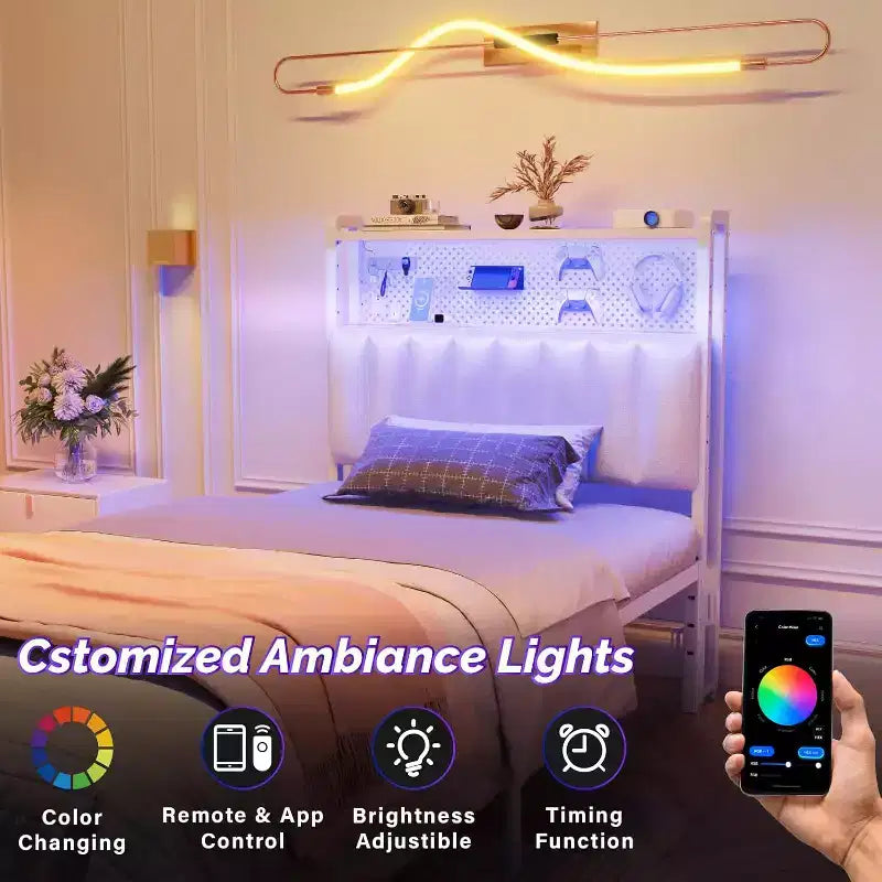 Tête de lit réglable rembourrée avec étagères à 2 niveaux, panneau perforé, stations de recharge et lumières LED