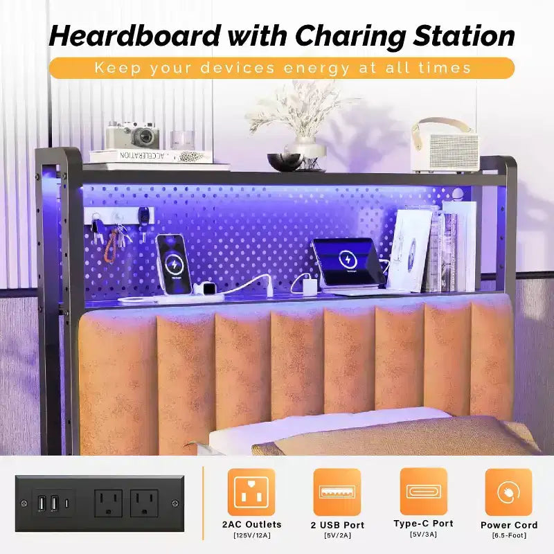 Tête de lit réglable rembourrée avec étagères à 2 niveaux, panneau perforé, stations de recharge et lumières LED