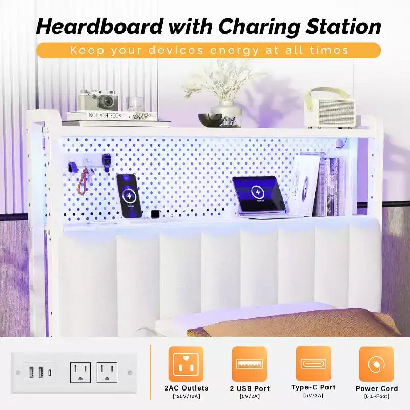 Tête de lit réglable rembourrée avec étagères à 2 niveaux, panneau perforé, stations de recharge et lumières LED