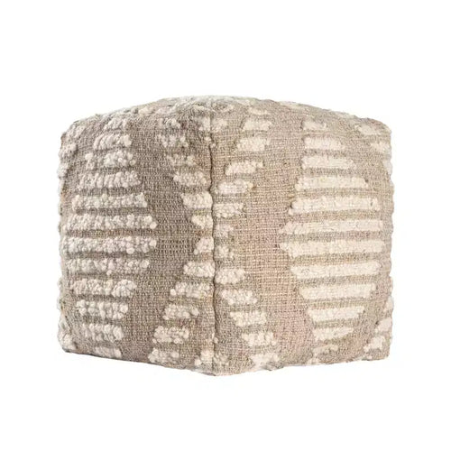 HomeRoots 18 Ivory and Natural Cotton Jute And Wool Geometric Cube Pouf Ottoman