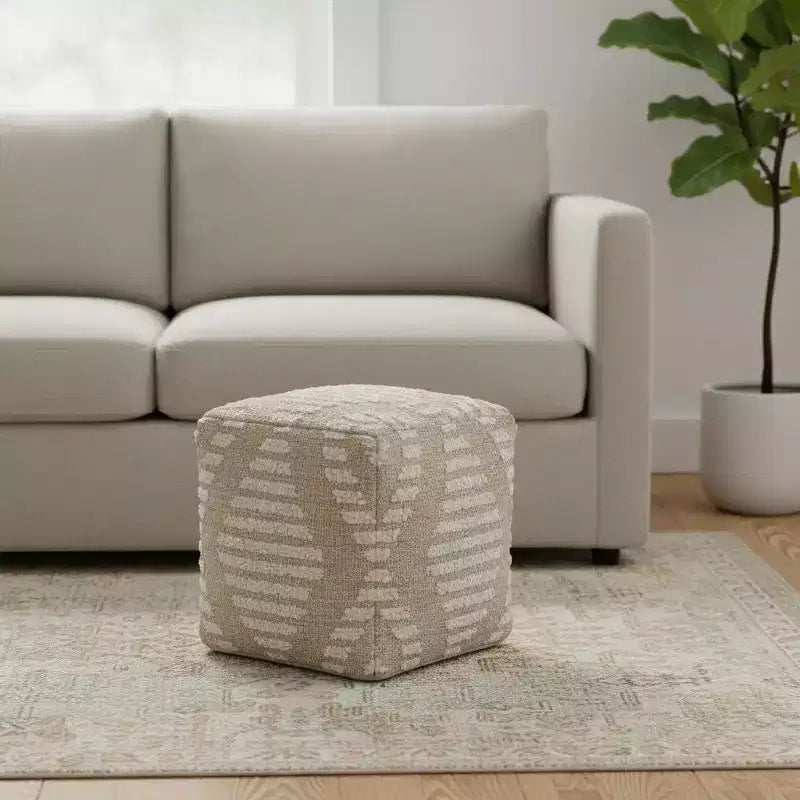 Pouf cube géométrique ivoire et coton naturel, jute et laine 18