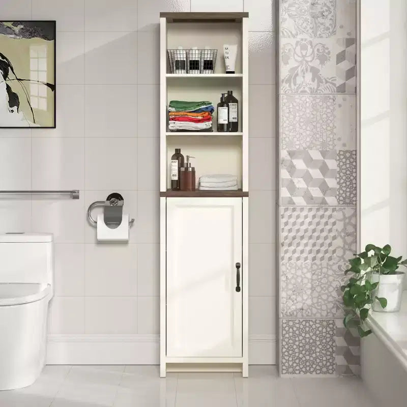 Galano Tall Bathroom Cabinet with Open Shelves in Ivory Knotty Oak 15.6 W  11.6 D  63.7 H