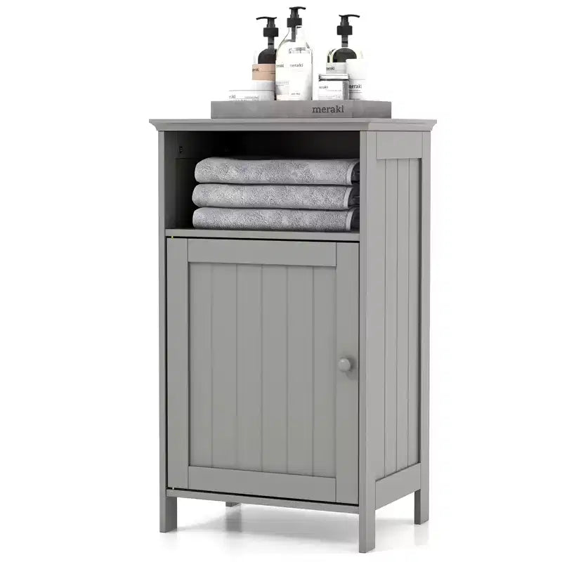 Costway Bathroom Floor Cabinet Single Door Side Cabinet w/ Open Compartment & 3-Position Adjustable Shelf White/Grey