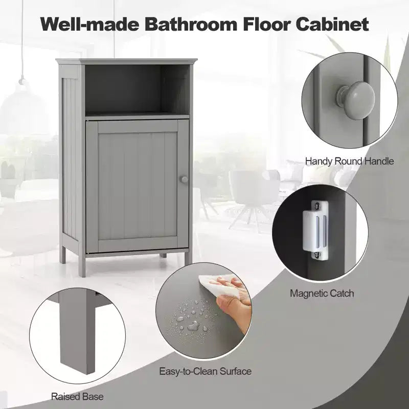 Meuble bas de salle de bain avec une porte et un compartiment ouvert