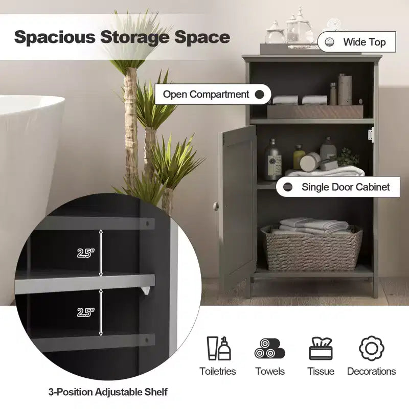 Meuble bas de salle de bain avec une porte et un compartiment ouvert