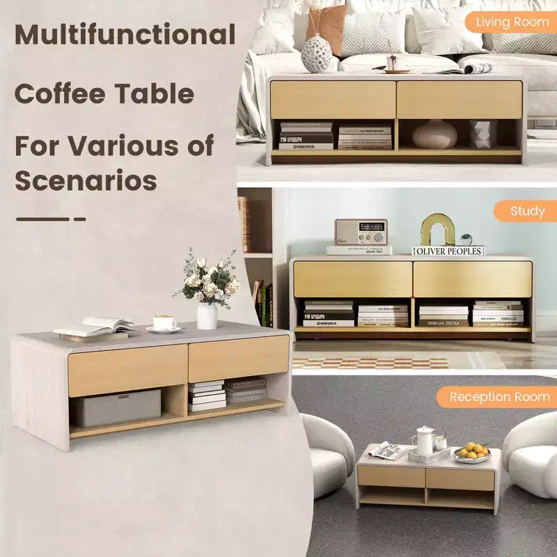 Table basse rectangulaire avec 2 tiroirs et 2 étagères de rangement