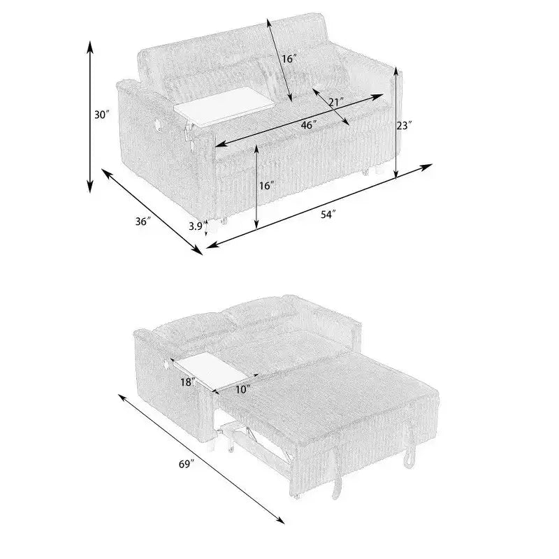 Canapé convertible gain de place, canapé-lit en velours côtelé avec plateau mobile et port USB