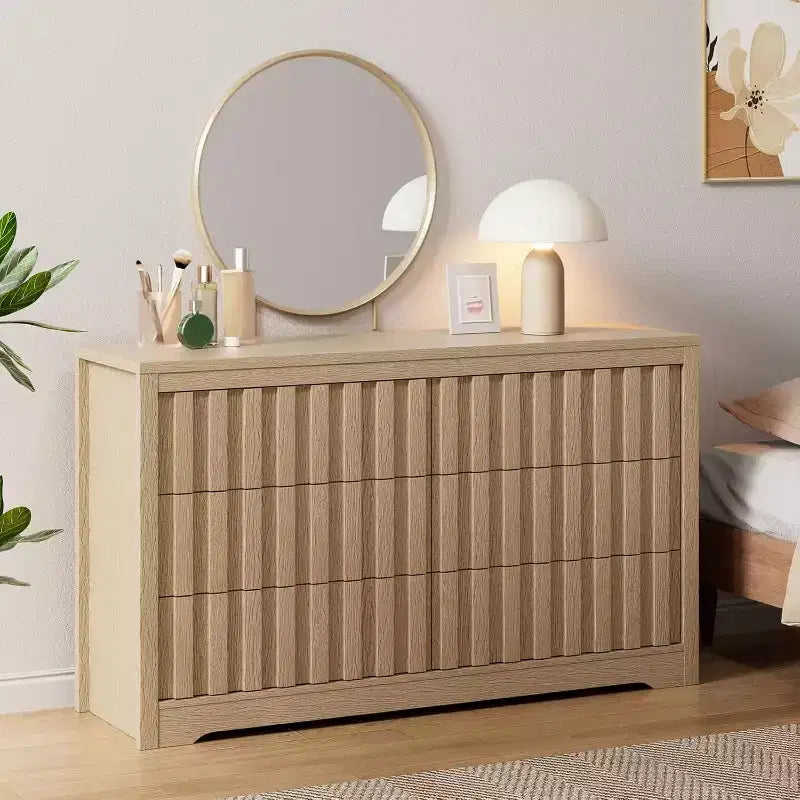 Acekool 6 Drawer Dresser, Modern Wood Storage Cabinet for Bedroom, Living Room, Natural Finish, 54 Inch