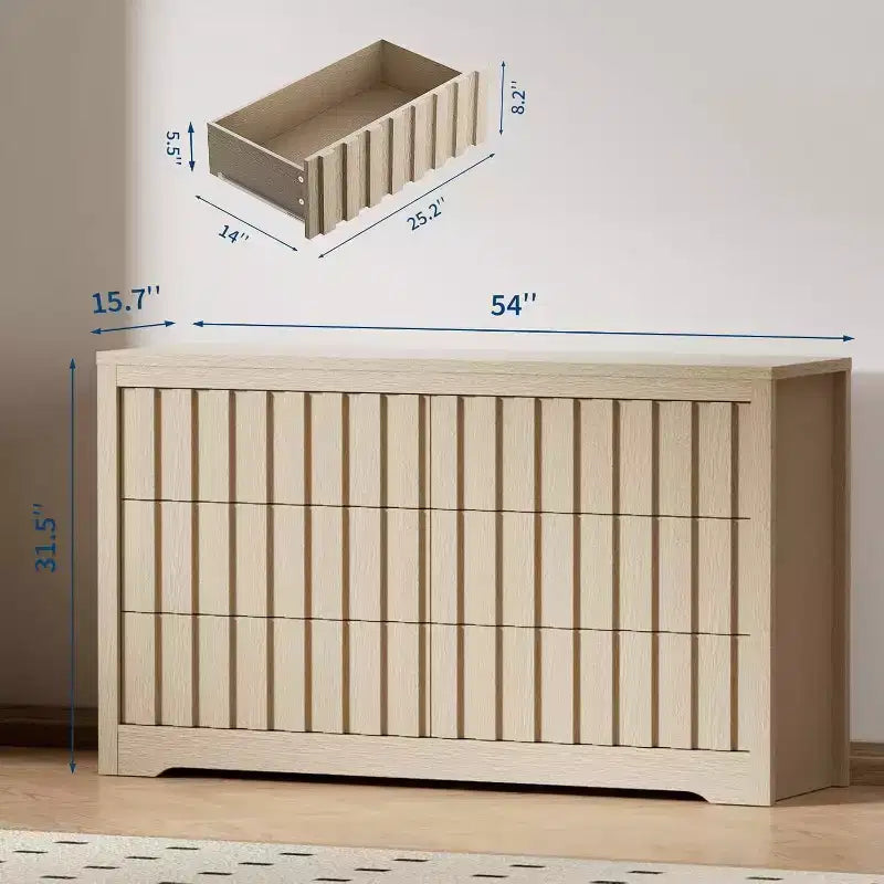 Commode à 6 tiroirs, Meuble de rangement moderne en bois pour chambre à coucher, salon, Finition naturelle, 137 cm