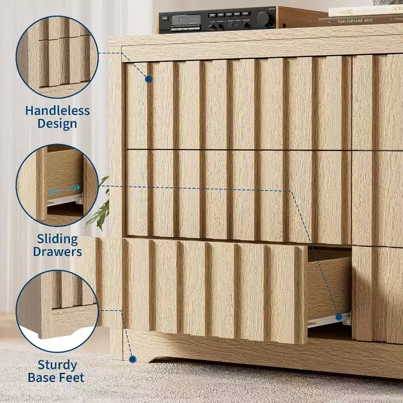 Commode à 6 tiroirs, Meuble de rangement moderne en bois pour chambre à coucher, salon, Finition naturelle, 137 cm