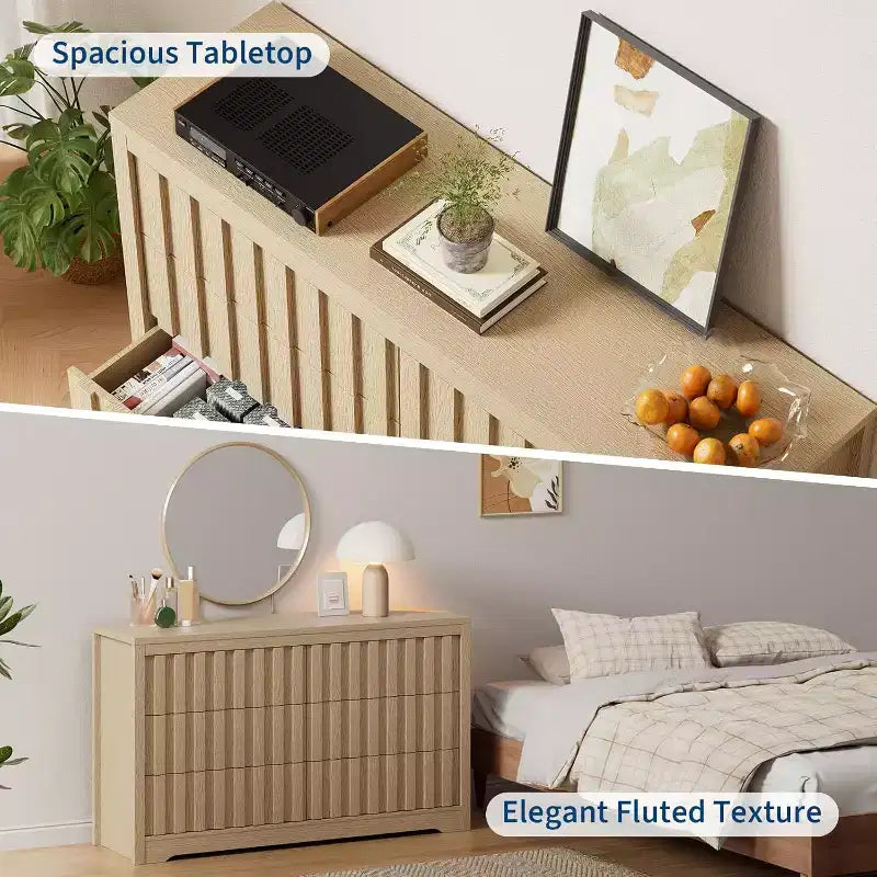 Commode à 6 tiroirs, Meuble de rangement moderne en bois pour chambre à coucher, salon, Finition naturelle, 137 cm