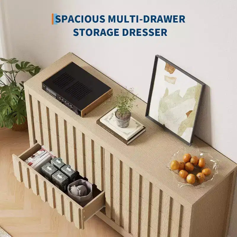 Commode à 6 tiroirs, Meuble de rangement moderne en bois pour chambre à coucher, salon, Finition naturelle, 137 cm