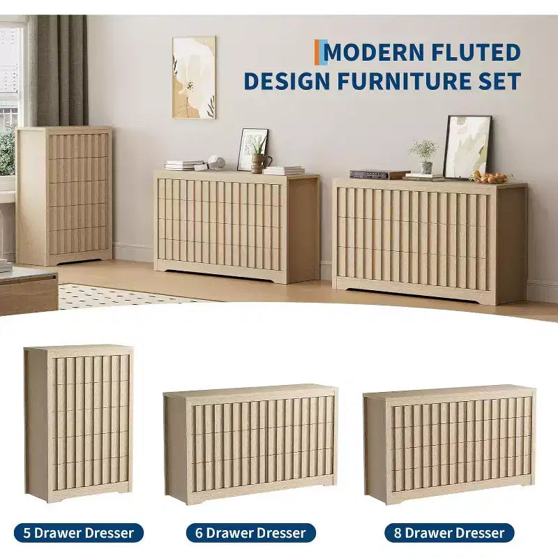 Commode à 6 tiroirs, Meuble de rangement moderne en bois pour chambre à coucher, salon, Finition naturelle, 137 cm