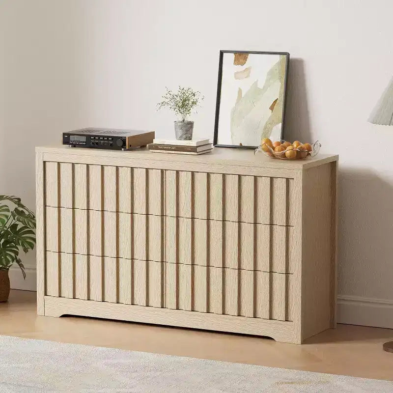Commode à 6 tiroirs, Meuble de rangement moderne en bois pour chambre à coucher, salon, Finition naturelle, 137 cm