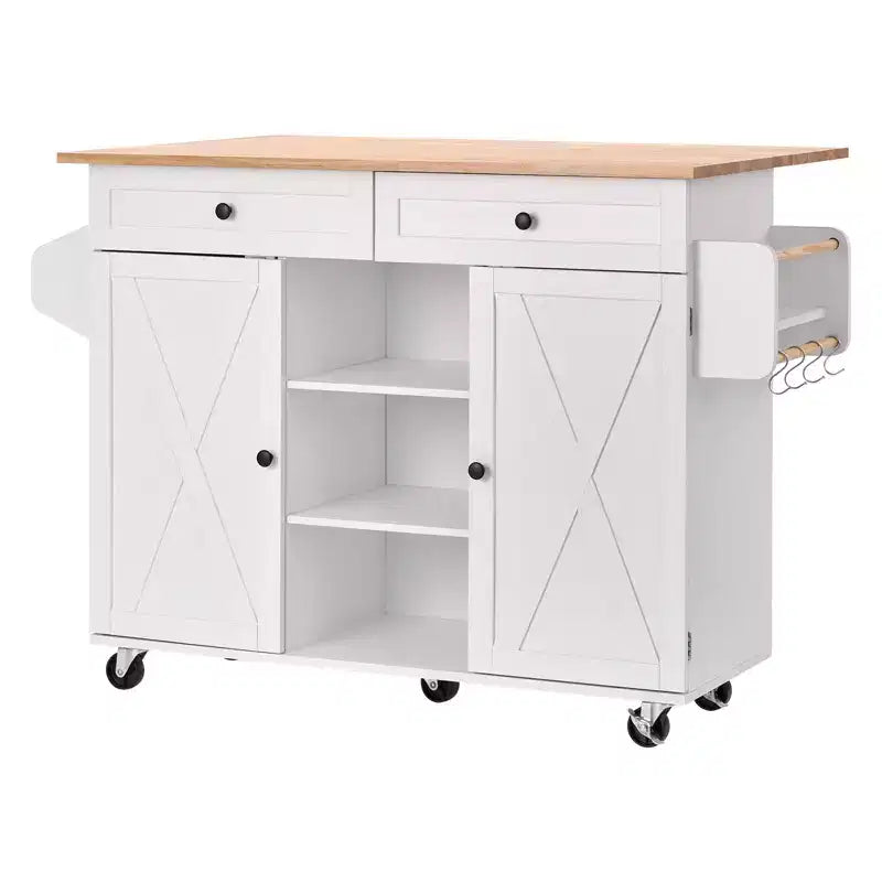 VEVOR Kitchen Island Cart, with Solid Wood Top and Storage Cabinet, Mobile Rolling Table with Drop Leaf, Drawers, 52in Width, White