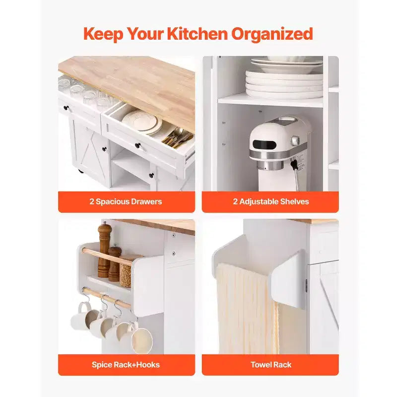 Dessertes de cuisine, avec plateau en bois massif et armoire de rangement