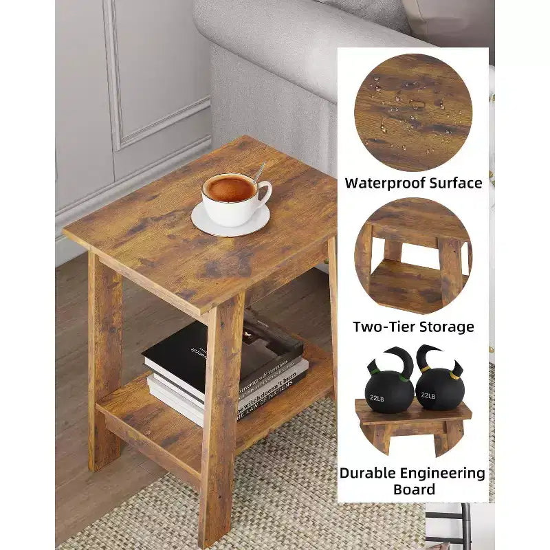 Table d'appoint, table de chevet étroite avec étagère de rangement à 2 niveaux