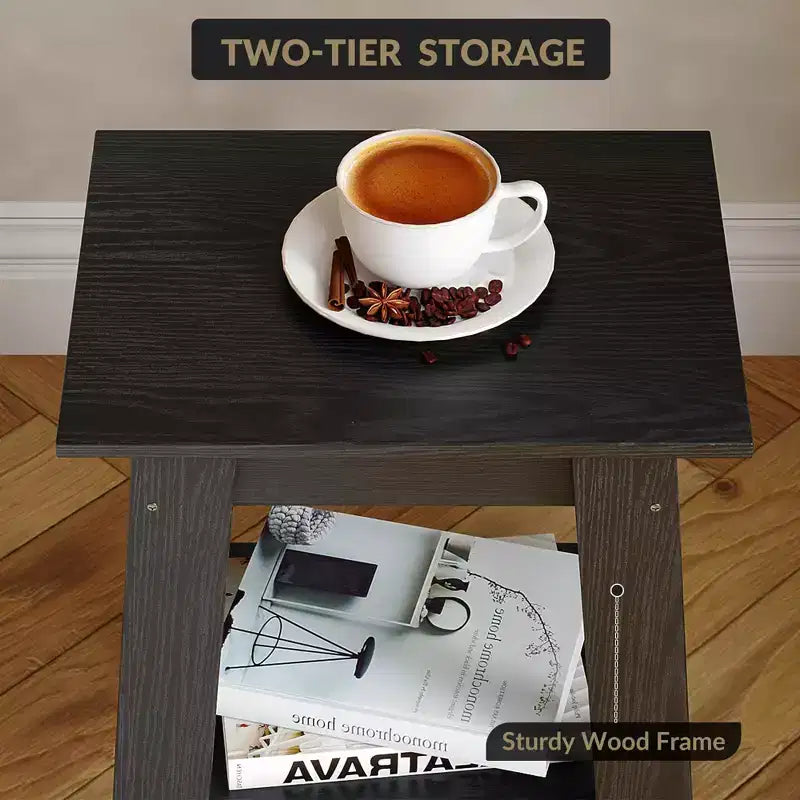 Table d'appoint, table de chevet étroite avec étagère de rangement à 2 niveaux