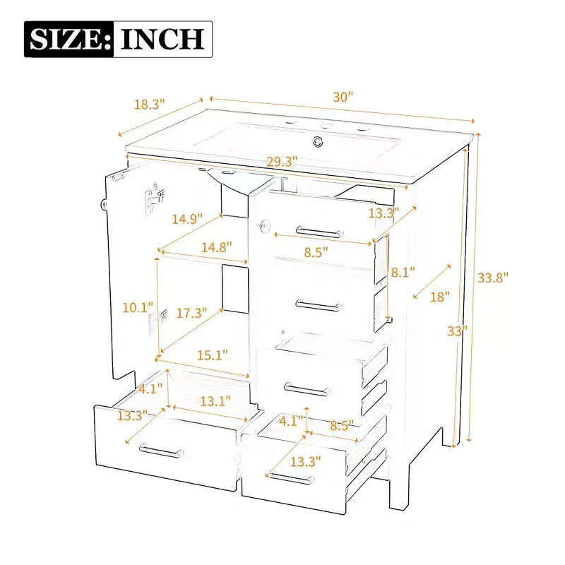 Meuble-lavabo de salle de bain de 30 po avec évier, armoire de rangement de salle de bain avec tiroirs