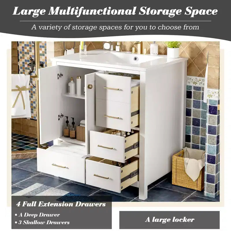 Meuble-lavabo de salle de bain de 30 po avec évier, armoire de rangement de salle de bain avec tiroirs