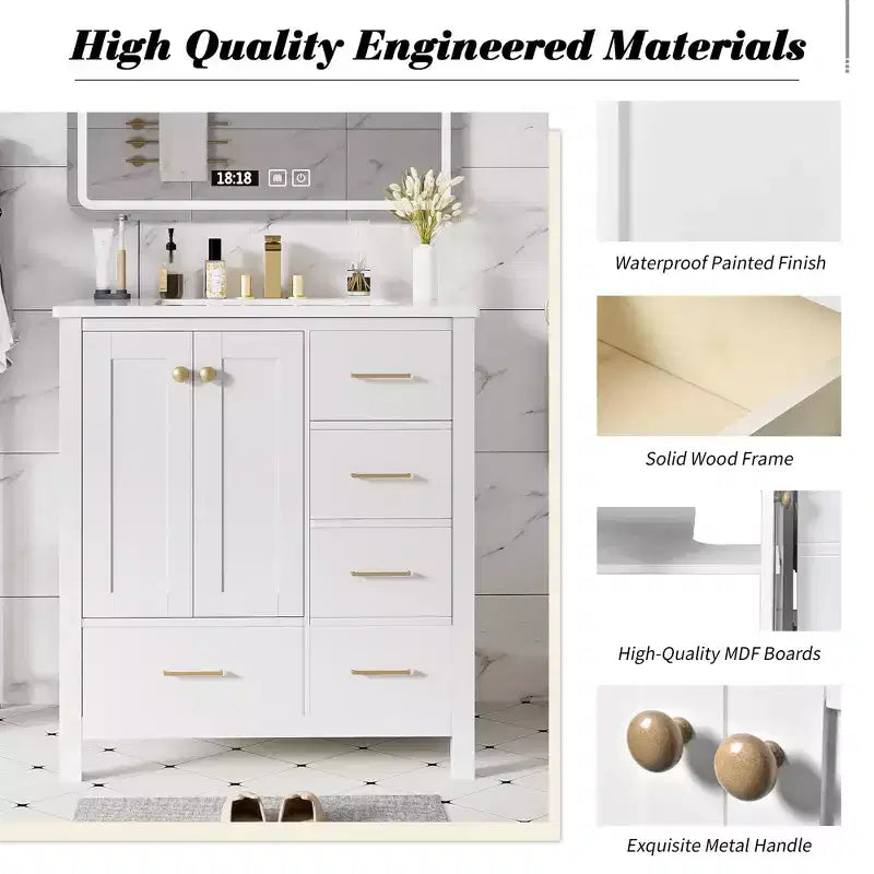 Meuble-lavabo de salle de bain de 30 po avec évier, armoire de rangement de salle de bain avec tiroirs