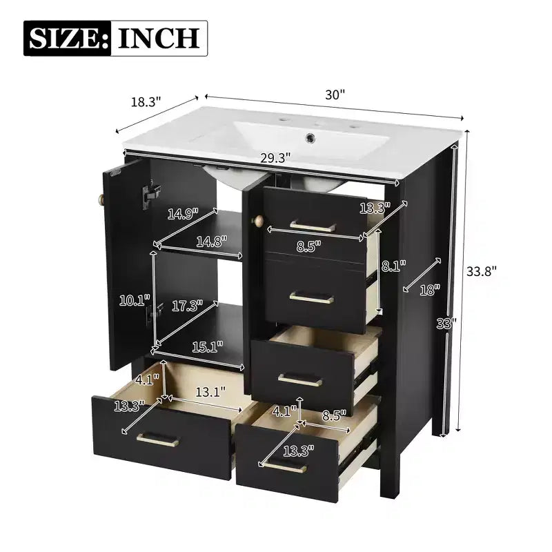 Meuble-lavabo de salle de bain de 30 po avec évier, armoire de rangement de salle de bain avec tiroirs