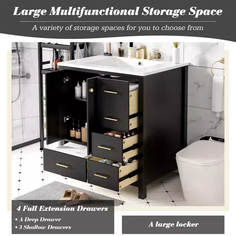 Meuble-lavabo de salle de bain de 30 po avec évier, armoire de rangement de salle de bain avec tiroirs