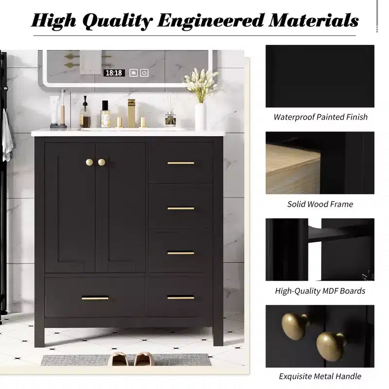 Meuble-lavabo de salle de bain de 30 po avec évier, armoire de rangement de salle de bain avec tiroirs