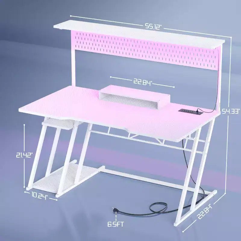 Bureau Gamer avec Station de Recharge, Bureau Informatique avec Étagère et Panneau Perforé