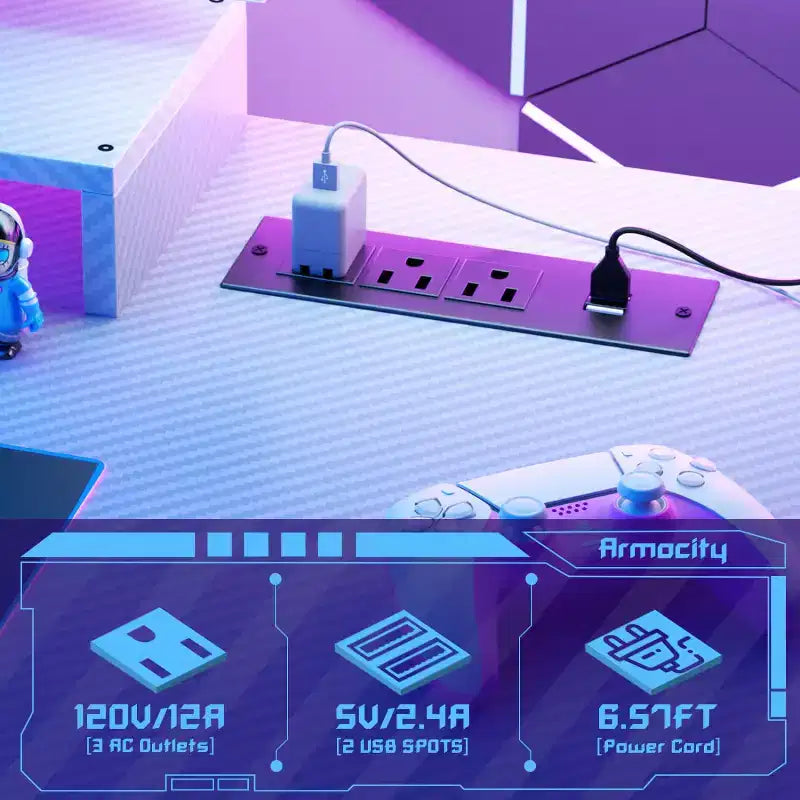 Bureau Gamer avec Station de Recharge, Bureau Informatique avec Étagère et Panneau Perforé