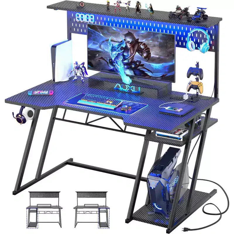 Bureau Gamer avec Station de Recharge, Bureau Informatique avec Étagère et Panneau Perforé