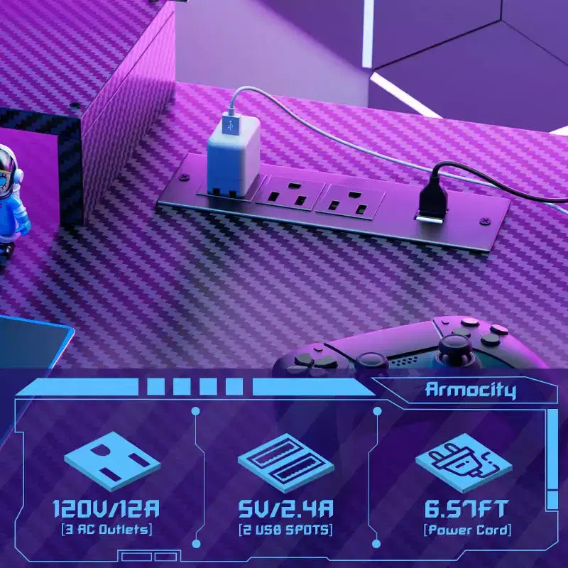 Bureau Gamer avec Station de Recharge, Bureau Informatique avec Étagère et Panneau Perforé