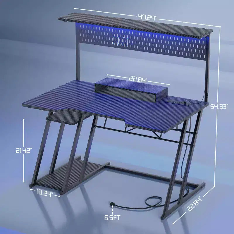 Bureau Gamer avec Station de Recharge, Bureau Informatique avec Étagère et Panneau Perforé