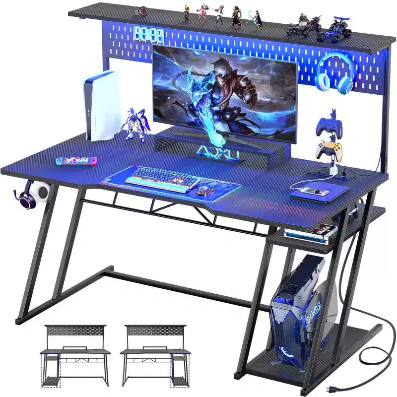 Bureau Gamer avec Station de Recharge, Bureau Informatique avec Étagère et Panneau Perforé