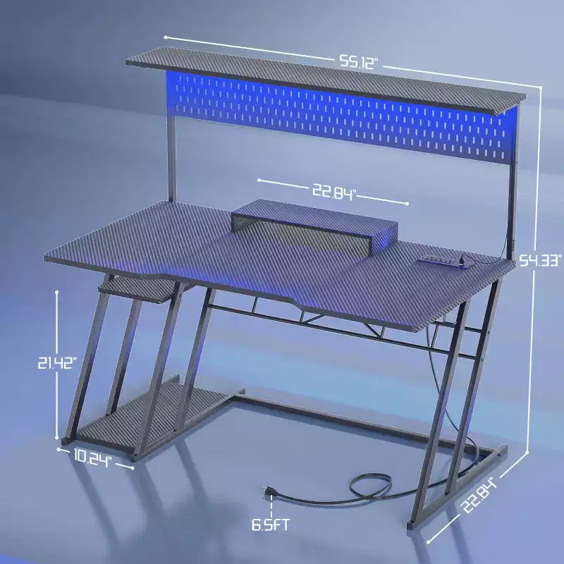 Bureau Gamer avec Station de Recharge, Bureau Informatique avec Étagère et Panneau Perforé