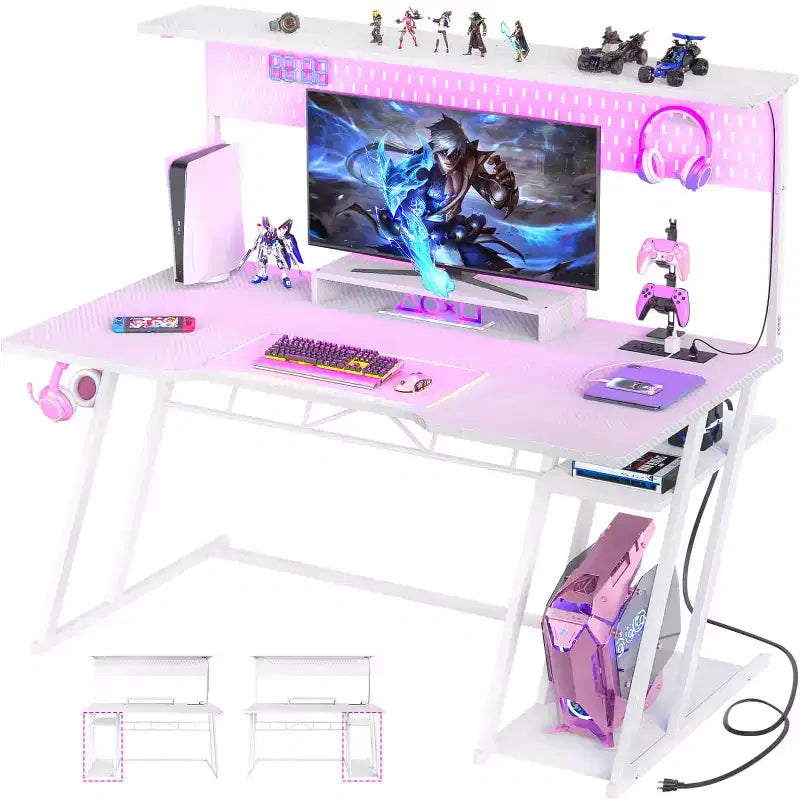 Bureau Gamer avec Station de Recharge, Bureau Informatique avec Étagère et Panneau Perforé