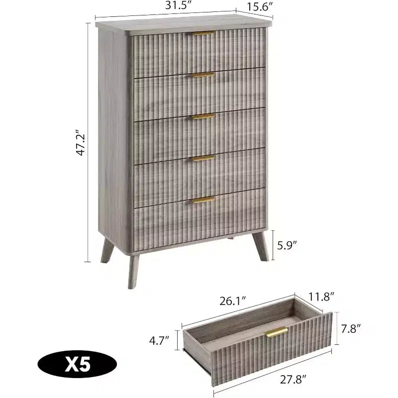 Commode cannelée pour chambre à coucher avec 5 tiroirs profonds, commode haute de 120 cm