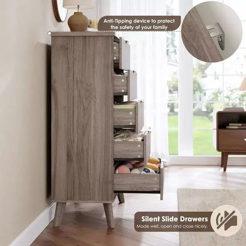 Commode cannelée pour chambre à coucher avec 5 tiroirs profonds, commode haute de 120 cm